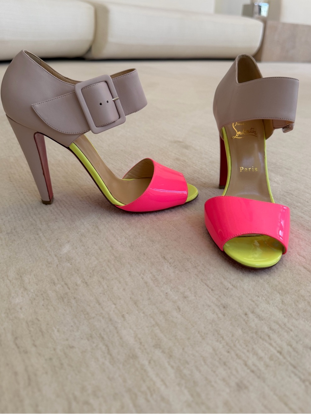 WORN ONE*** Christian Louboutin Neon Pink & Taupe Patent Leather Heels